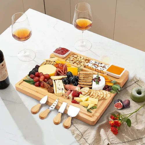 Miniatura 7 de Juego de tablas de embutidos y cuchillos - Tabla de queso de bambú - Bandeja de queso, carne y vino - Regalos únicos para inauguración de casa