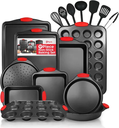 Miniatura 8 de PERLLI Juego de 10 moldes antiadherentes para hornear, acero al carbono sin BPA, con asas de silicona, juego de horno de cocina apilable, bandeja