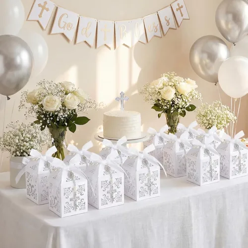 Miniatura 4 de 50 paquetes de recuerdos de bautizo con cuentas de rosario acrílicas, perlas falsas con bolsas de organza y cajas de recuerdos de bautizo con cruz