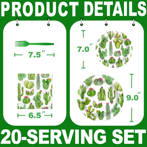 Miniatura 2 de Decoraciones de fiesta de cactus – Platos de fiesta de cactus y servilletas para fiestas de cumpleaños infantiles, sirve para 20 invitados
