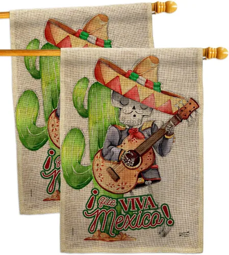 Que Viva México - Banderas de arpillera para casa, paquete de 2 unidades, para fiesta de verano del Cinco de Mayo, cactus y piñata, sombrero