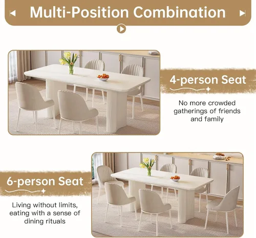Miniatura 7 de Mesa de Comedor Rectangular de 63" con 6 Sillas, Mesa de Cocina Moderna Blanca con Juego de Sillas para Sala de Estar, Comedor y Cocina Blanco-A