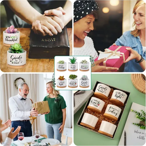 Miniatura 7 de 6 piezas de juego de regalos con versículos de la Biblia cristiana, gracioso juego de macetas para plantas suculentas con bandeja de bambú, maceta