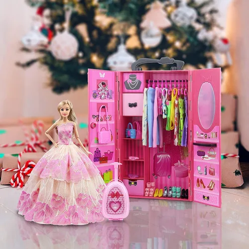 Miniatura 8 de ZITA ELEMENT Armario de muñecas de 11.5 pulgadas con ropa y accesorios, juego de 101 piezas, incluye armario, maleta, vestidos, trajes de baño