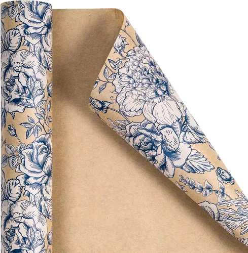 Miniatura 7 de RUSPEPA Rollo de papel de regalo floral, mini rollo, rosas azules con delicado papel kraft de follaje, papel de regalo de flores vintage