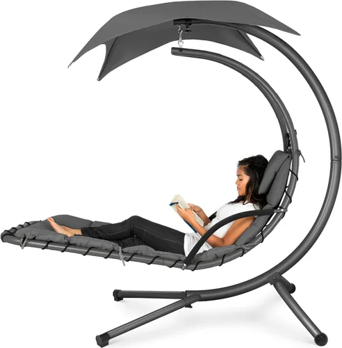 Best Choice Products Silla colgante curva de acero para exterior, silla de descanso tipo chaise lounge con cojín integrado y toldo extraíble - Gris