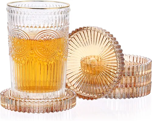 JUXYES Juego de 5 posavasos de cristal tono ámbar redondos, tapetes para tazas de vidrio, posavasos para bebidas, café, té, vino, posavasos