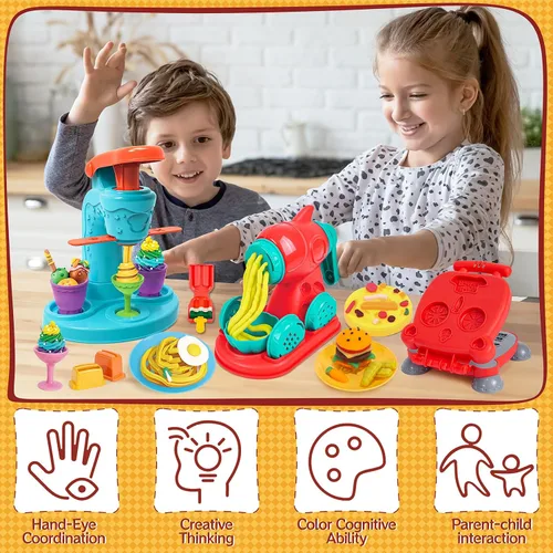 Miniatura 7 de Juego de Masa Colorida 3 en 1 para Niños de 3 a 8 años, Kit de Accesorios para Masa, Set de Helado, Fideos, Hamburguesa, Creaciones de Cocina