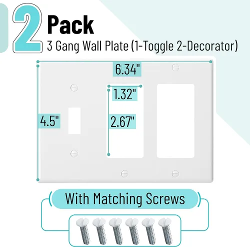 Miniatura 2 de Bates - Placa de pared combinada, paquete de 2, palanca simple/decoración doble, placa de cubierta de interruptor de luz blanca Blanco