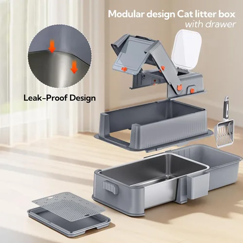 Miniatura 2 de Soulbond Caja de arena de acero inoxidable para gatos con tapa, caja de arena de metal grande cerrada con cajón y puerta abatible para gatos