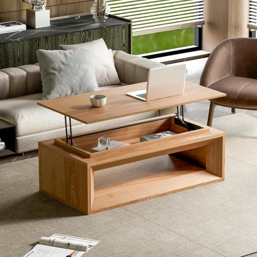 Miniatura 27 de 31.52" Square Lift Top Coffee Table with Storage, Natural Rattan & Hemp Rope, Adjustable Function, Vintage Farmhouse Center Table for Living Room