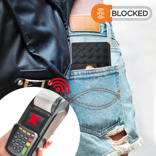 Miniatura 6 de Cartera con llavero de pulsera, cartera de cuero con correa de pulsera, bolsillo delgado RFID para tarjetas de crédito con cordón, Negro -, Plegable