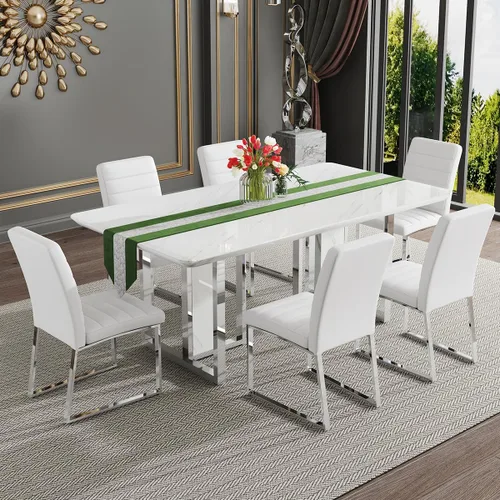 Juego de mesa de comedor moderno de 67 pulgadas para 6, juego de mesa de cocina blanca, juego de mesa de comedor de lujo con mesa de mármol