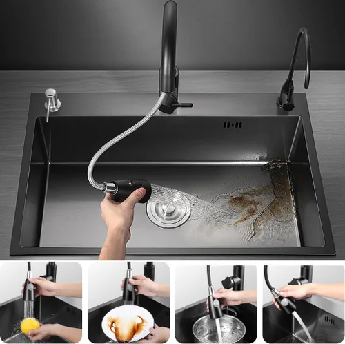 Miniatura 3 de ARTLINE Fregadero de cocina negro, fregadero de un solo cuenco de acero inoxidable, fregadero de estación de trabajo de caída/montaje superior