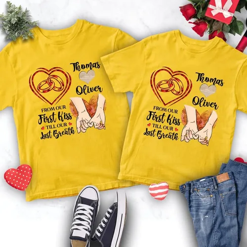 Miniatura 4 de Camiseta personalizada para pareja amante de él y ella desde nuestro primer beso, anillo de pareja mano en mano, regalos personalizados con nombre
