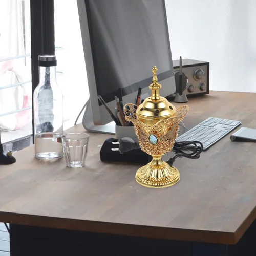 Miniatura 3 de Quemador de incienso eléctrico de metal, estilo de Oriente Medio, incensario eléctrico de mesa para hogar, oficina, yoga, spa, decoración de Dorado