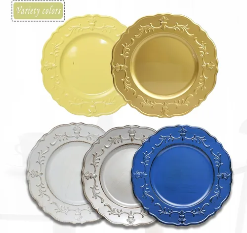 Miniatura 4 de Spsyrine Plato de carga azul real antiguo, cargadores de plástico en relieve de 13 pulgadas para cena, juego de 6 elegantes decoraciones para bodas