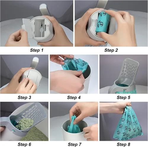 Miniatura 5 de Cuchara para excrementos para gatos, cuchara de arena para gatos con bolsas, soporte integrado desmontable para pala profunda, gran capacidad Blanco