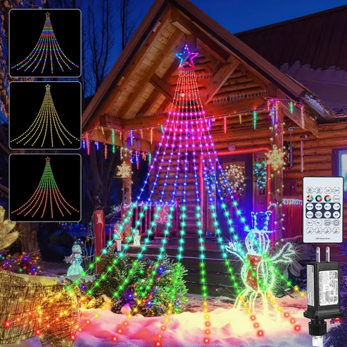 Miniatura 11 de Luces de Cadena de Estrella de Navidad, 320 Luces LED de Cascada para Árbol con Estrella Superior de 13", 8 Modos de Iluminación para Interiores