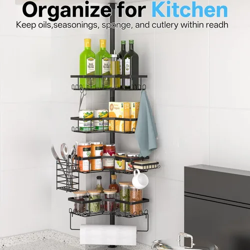 Miniatura 7 de DTUQYX Barra de tensión de esquina para regadera, estante organizador de baño ajustable de 43.5 a 120 pulgadas, estante de almacenamiento para baño