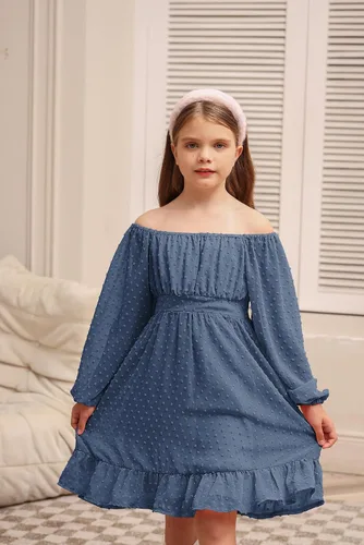 Miniatura 3 de GRACE KARIN Vestido escalonado con volantes para niñas, vestido acampanado de manga larga con lunares suizos, 6-14 años