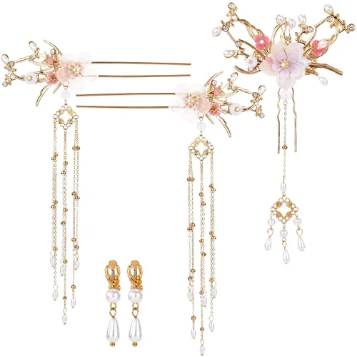Joez Wonderful 5pcs Chinese Hair Stick Pins Sets, Flower Hair Barrettes Clips with Long Tassel, Hanfu Hair Flowers Pearl Hairstyle Accessories