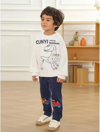 Miniatura 5 de GFQLONG Paquete de 3 pantalones deportivos elásticos con cordón para bebé, de algodón, dinosaurio, con bolsillos