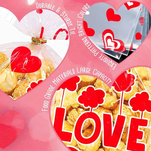 Miniatura 3 de Bolsas de golosinas de San Valentín ONFAON, 180 bolsas de caramelos de San Valentín con 200 lazos para empacar bocadillos, galletas y caramelos, San