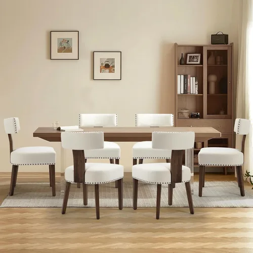 Miniatura 15 de Juego de 4 sillas de comedor, sillas de cocina de tela tapizada en madera, silla acolchada de lino sin brazos con respaldo curvo acentuado