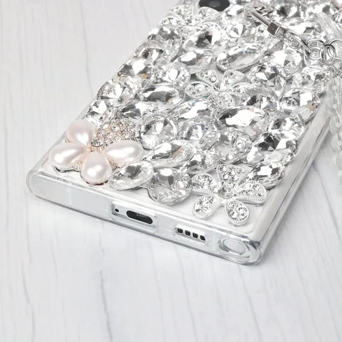 Miniatura 5 de Omio Funda compatible con Samsung Galaxy S22 Ultra Bling con correa de cadena de mano, bonita pulsera de mariposa 3D hecha a mano con purpurina