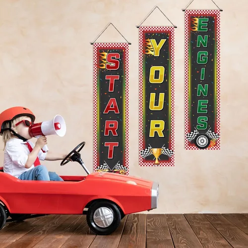 Miniatura 5 de Tiamon 3 pancartas para fanáticos de las carreras, decoración de cumpleaños de coches de carreras, bandera colgante a cuadros, bandera de camión