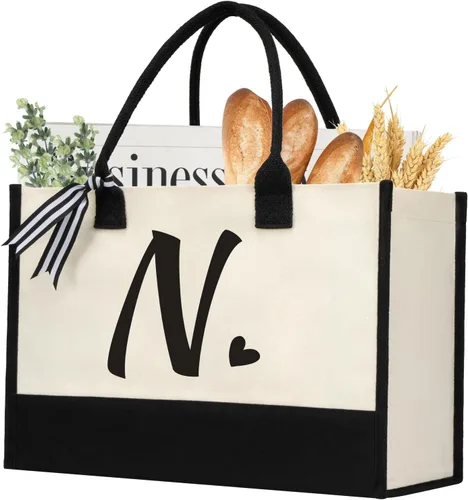 Miniatura 11 de shenee - Bolsa de lona con inicial, bolsa de yute personalizada para la playa, regalo de vacaciones para mujeres, cumpleaños de amigos, boda, año