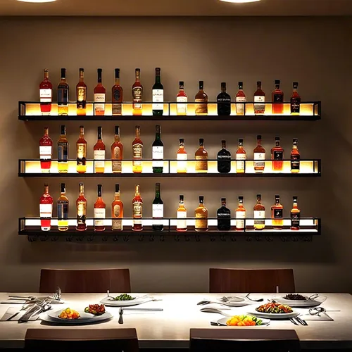 Miniatura 3 de Estante de metal para vino montado en la pared con luces LED, estantes flotantes de bar de 3 niveles con estante para copas de vino, estante grande