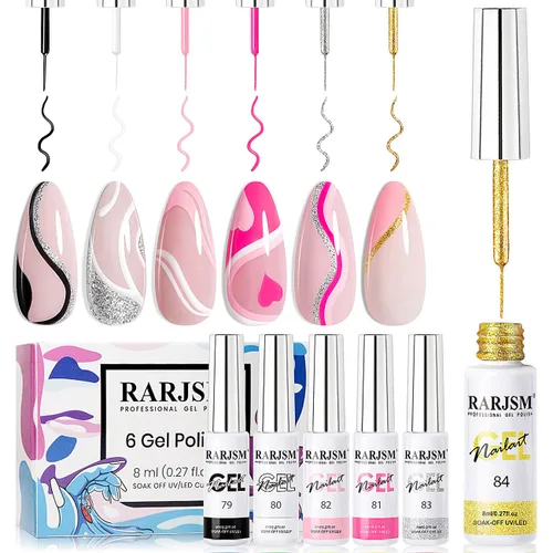 RARJSM Juego de 6 esmaltes de gel para arte de uñas, color popular, negro, blanco, rosa, rojo, brillantina, plata, oro, curado, requiere remojar,