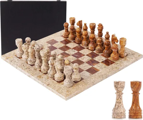 Juego de ajedrez de mármol para adultos de 15 pulgadas, juego de mesa hecho a mano coral y marrón oscuro con 32 piezas de ajedrez, 2 reinas