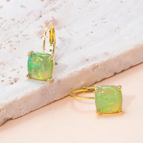 Miniatura 3 de CiNily Aretes colgantes para mujeres y niñas, hipoalergénicos, chapados en oro de 14 quilates, aretes con dije cuadrado de ópalo, aretes de palanca