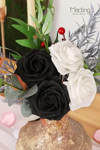 Miniatura 3 de MACTING 30 PCS Flores Artificiales Rosas Negras y Blancas Flores Falsas con Tallo Rosas de Espuma de Tacto Real para Boda Bola de Besos Ramillete