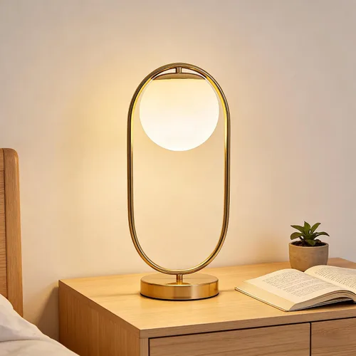 Miniatura 2 de Lámpara de mesa moderna de mediados de siglo con pantalla de vidrio blanco, lámpara de mesa pequeña dorada para mesita de noche, dormitorio, sala
