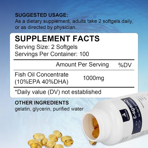 Miniatura 2 de Suplemento concentrado de aceite de pescado Omega 3 de 1000 mg, rico en EPA y DHA, apoya la salud del corazón, las articulaciones, el cerebro
