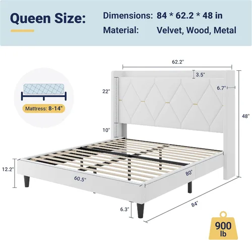 Miniatura 2 de Allewie Base de cama tapizada Velvet Queen con cabecera de almacenamiento con respaldo alado y estación de carga, cama de plataforma con diseño