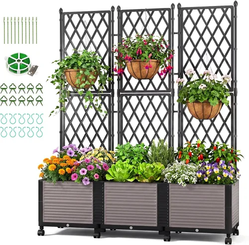 DoCred Jardinera elevada de 63 pulgadas de alto con enrejado, maceta vertical para horticultura, jaula de tomate con ruedas para plantas trepadoras