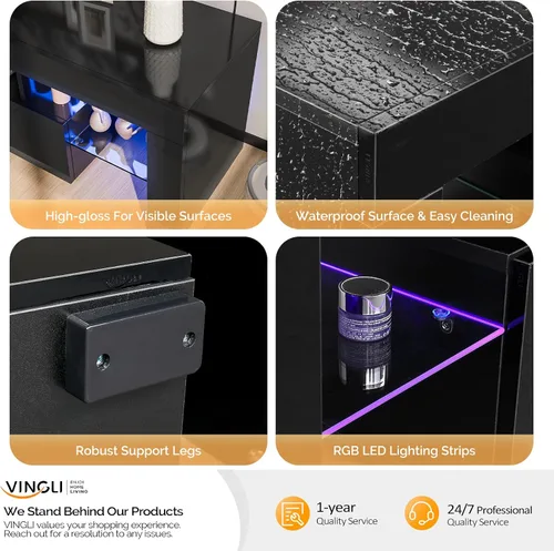Miniatura 7 de Bonnlo Soporte de TV LED de 51 pulgadas, moderno centro de entretenimiento negro con luces LED y almacenamiento para televisores de 45/50/55/60