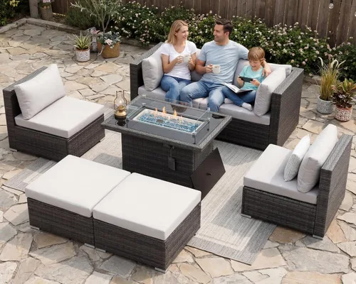 Miniatura 25 de NICESOUL Juego de muebles de patio para exteriores de 7 piezas con mesa para hoguera, gas natural y propano convertible, respaldo alto de 29.3