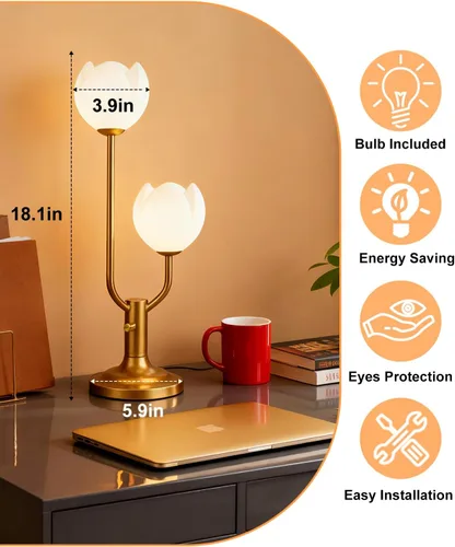 Miniatura 5 de Lightdot Lámpara de Mesa de Flores Doradas para Dormitorio, 2 Cabezas Florales 3000K Luz Blanca Cálida Regulable Lámparas de Mesita de Noche