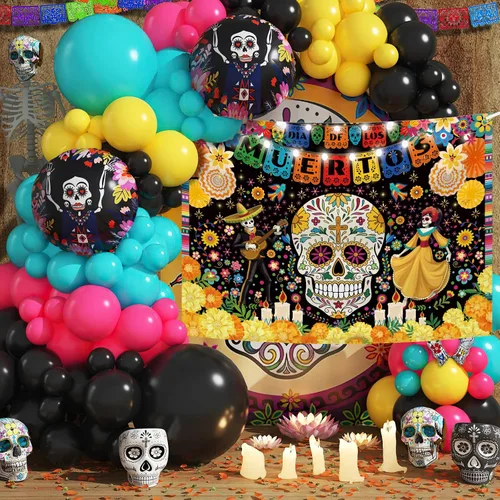 Miniatura 2 de MEHOFOND Telón de fondo del Día de los Muertos de 7 x 5 pies para fiesta mexicana, Día de los Muertos, decoración de fiesta de cumpleaños, pancarta