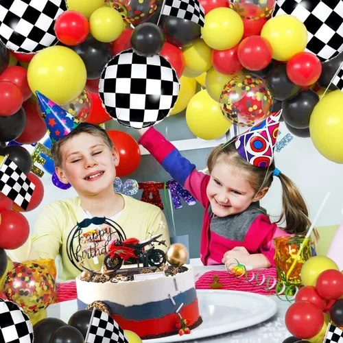 Miniatura 2 de Kit de guirnalda de globos de látex rojo, negro y amarillo, arco de globos de látex blanco y negro, bandera para baby shower, autos, camiones