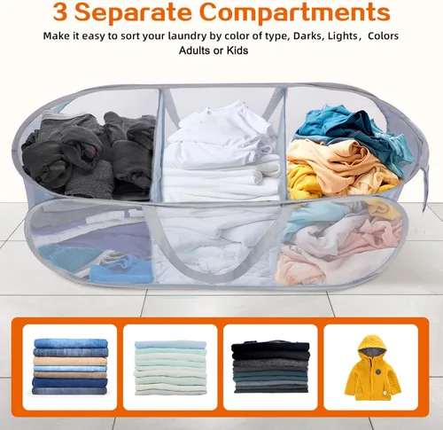 Miniatura 3 de Cesta de lavandería plegable y duradera que se despliega, resistente con 3 compartimentos, bolsillo práctico y cestas de ropa fáciles para Gris