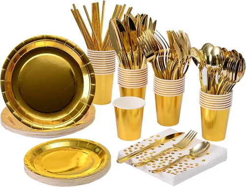Miniatura 9 de 200 piezas de suministros para fiestas dorados - Platos de papel y servilletas dorados, cubiertos, tazas, sirve para 25 conjuntos para bodas, Punto