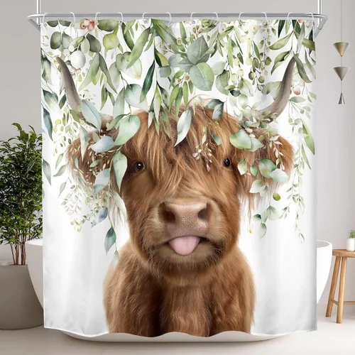 Miniatura 21 de AMBZEK - Cortina de ducha pequeña para establo con vaca de las tierras altas, 36 pulgadas de ancho x 72 pulgadas de largo, toro occidental, diseño