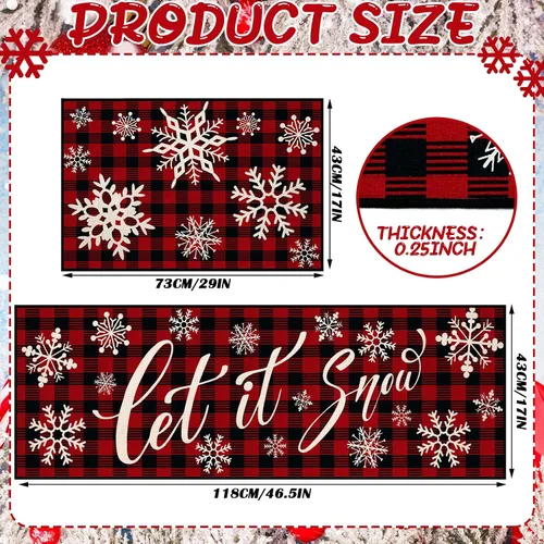 Miniatura 3 de Ceenna Tapete decorativo de invierno para cocina, 2 unidades, con diseño de nieve Let It Snow, lavable, antideslizante, tapete rojo y negro a